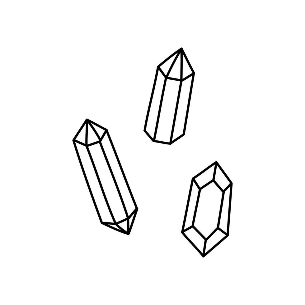 Vektor schwarz und Weiß Zeichnung von Kristalle isoliert auf Weiß Hintergrund. Gekritzel lineart Kristalle, Magie Elemente zum ein Hexe.