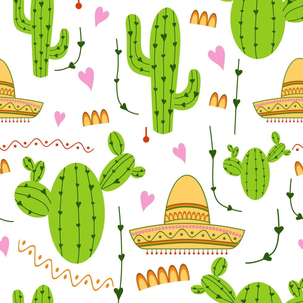 sömlös mönster med kaktus, mexikansk sombrero i grön, gul, rosa och vit färger rolig natur bakgrund mexikansk design. söt tapet, omslag, slå in, textil, tyg, paket vektor illustration