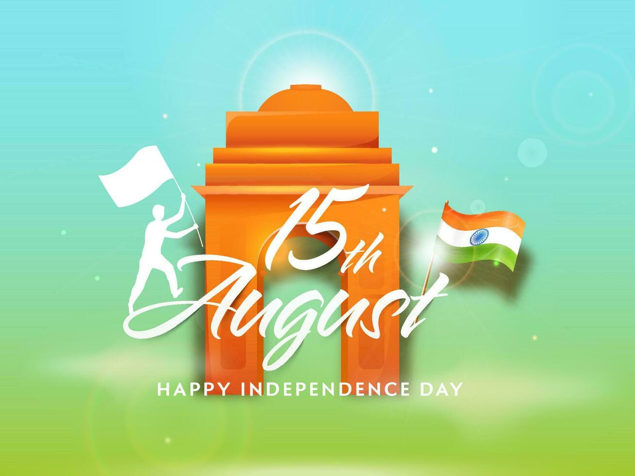 15:e augusti, Lycklig oberoende dag font med Indien Port monument och silhuett man innehav indisk flagga på skinande blå och grön bakgrund. vektor