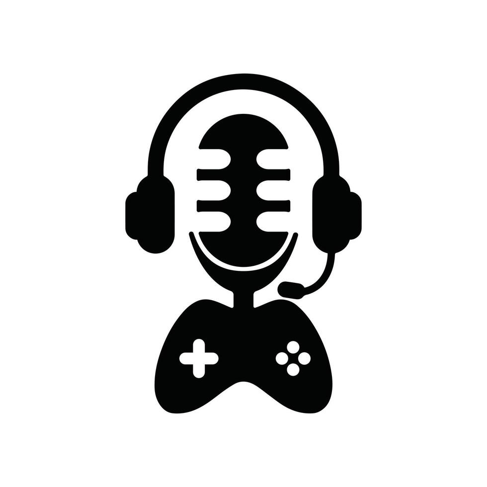 gaming hörlurar och kontrollant silhuett med podcast mikrofon logotyp design mall. vektor