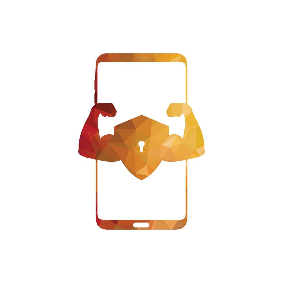 Clever Telefon Logo Design. Handy, Mobiltelefon Vektor Illustration mit Bizeps und stark Sicherheit Symbol.