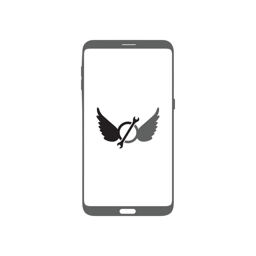 smart telefon logotyp design. mobil vektor illustration med vingar och miljö verktyg.