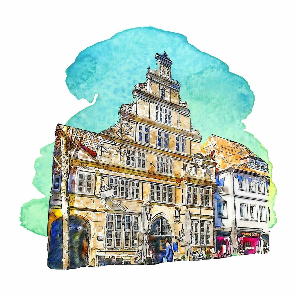 arkitektur hameln Tyskland vattenfärg hand dragen illustration isolerat på vit bakgrund vektor