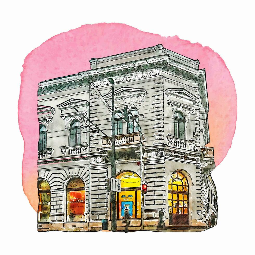 arkitektur cluj-napoca rumänien vattenfärg hand dragen illustration isolerat på vit bakgrund vektor