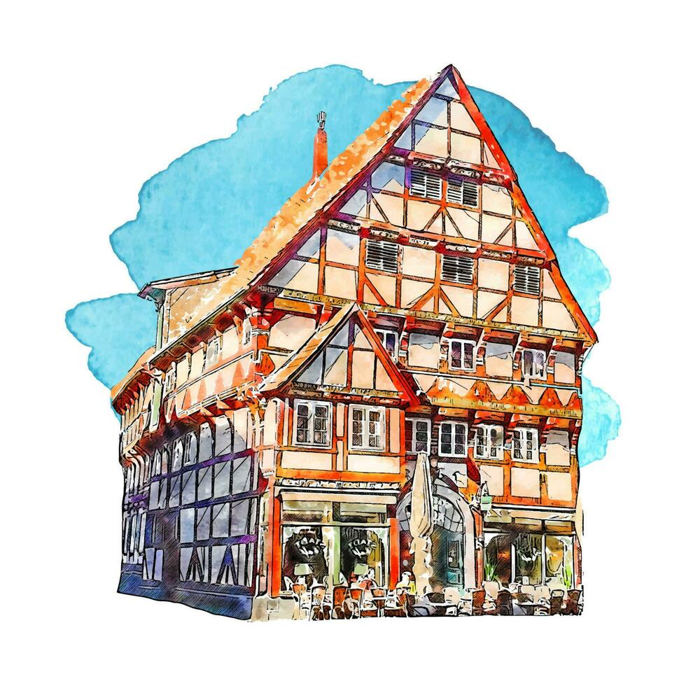 die Architektur Hameln Deutschland Aquarell Hand gezeichnet Illustration isoliert auf Weiß Hintergrund vektor