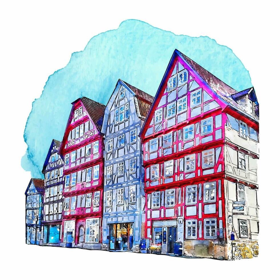 die Architektur Melsungen Deutschland Aquarell Hand gezeichnet Illustration isoliert auf Weiß Hintergrund vektor