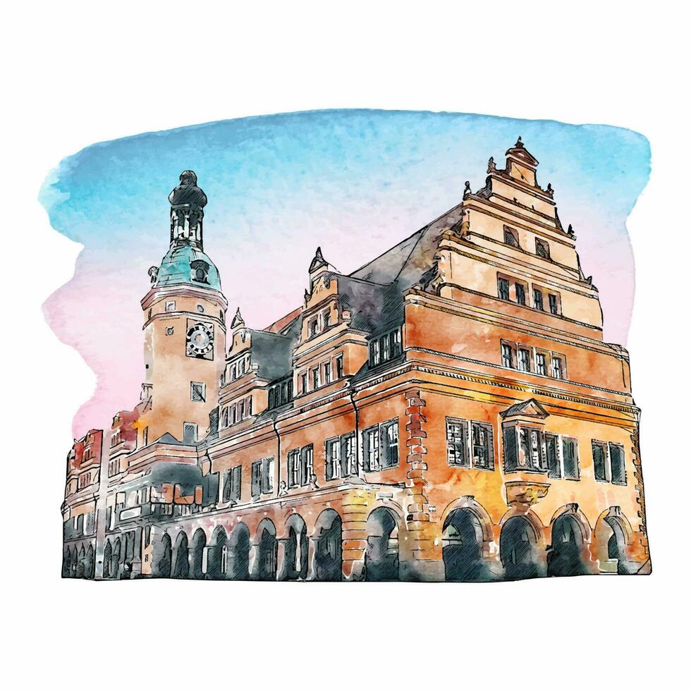 arkitektur leipzig Tyskland vattenfärg hand dragen illustration isolerat på vit bakgrund vektor