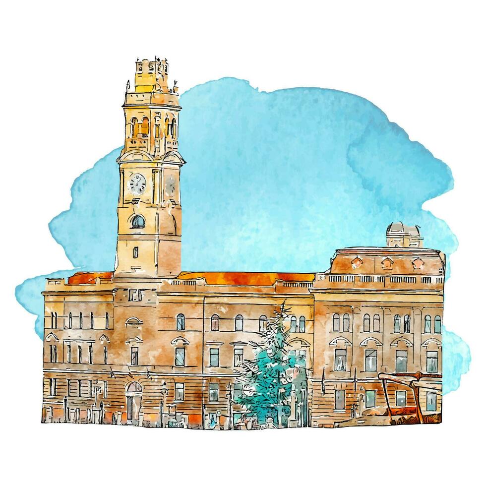 die Architektur oradea Rumänien Aquarell Hand gezeichnet Illustration isoliert auf Weiß Hintergrund vektor