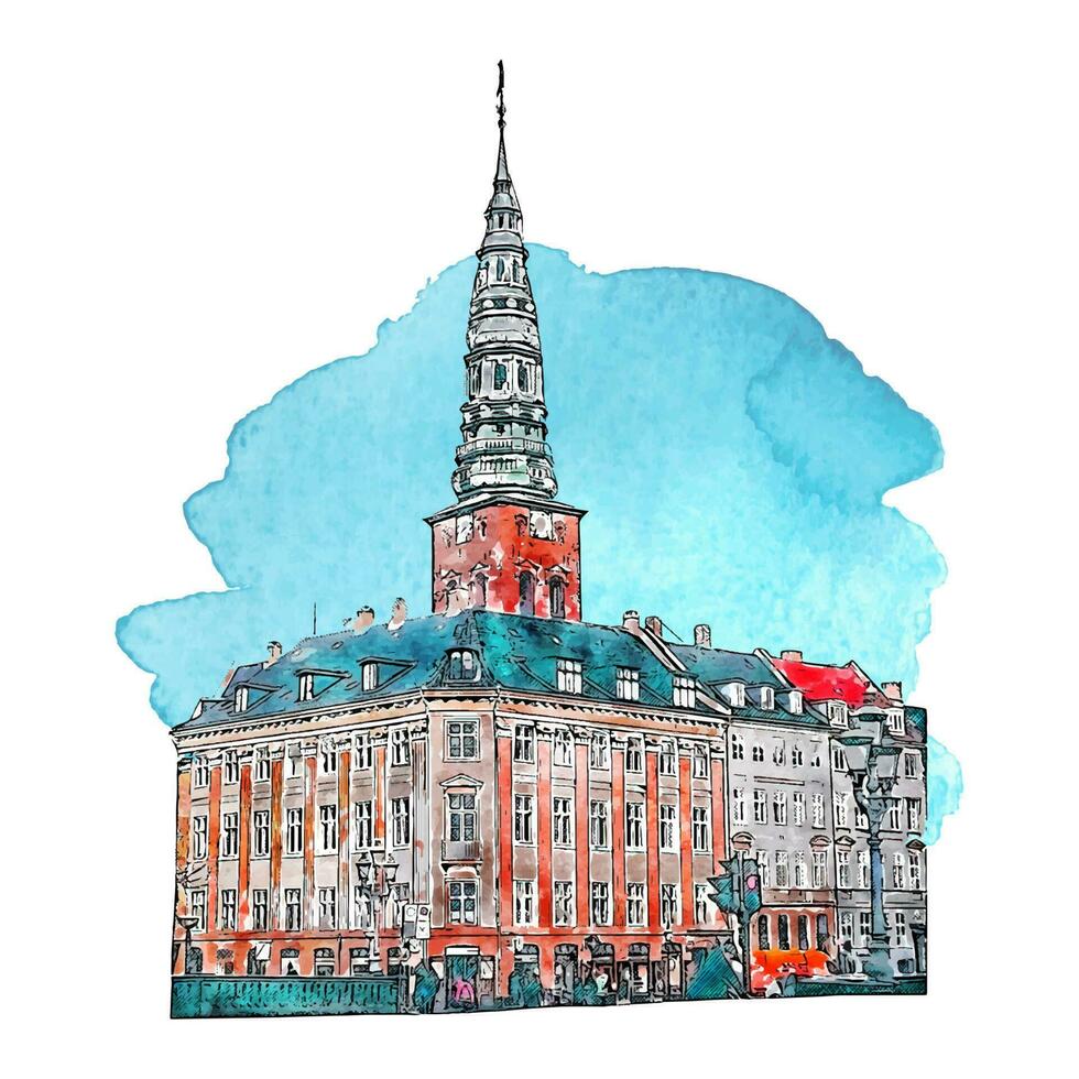 Kopenhagen Dänemark Aquarell Hand gezeichnet Illustration isoliert auf Weiß Hintergrund vektor