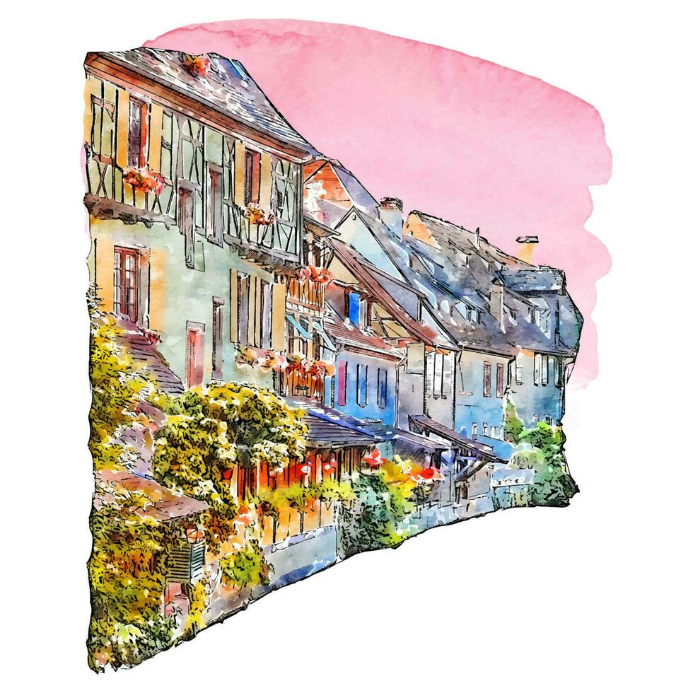 colmar Elsass Frankreich Aquarell Hand gezeichnet Illustration isoliert auf Weiß Hintergrund vektor