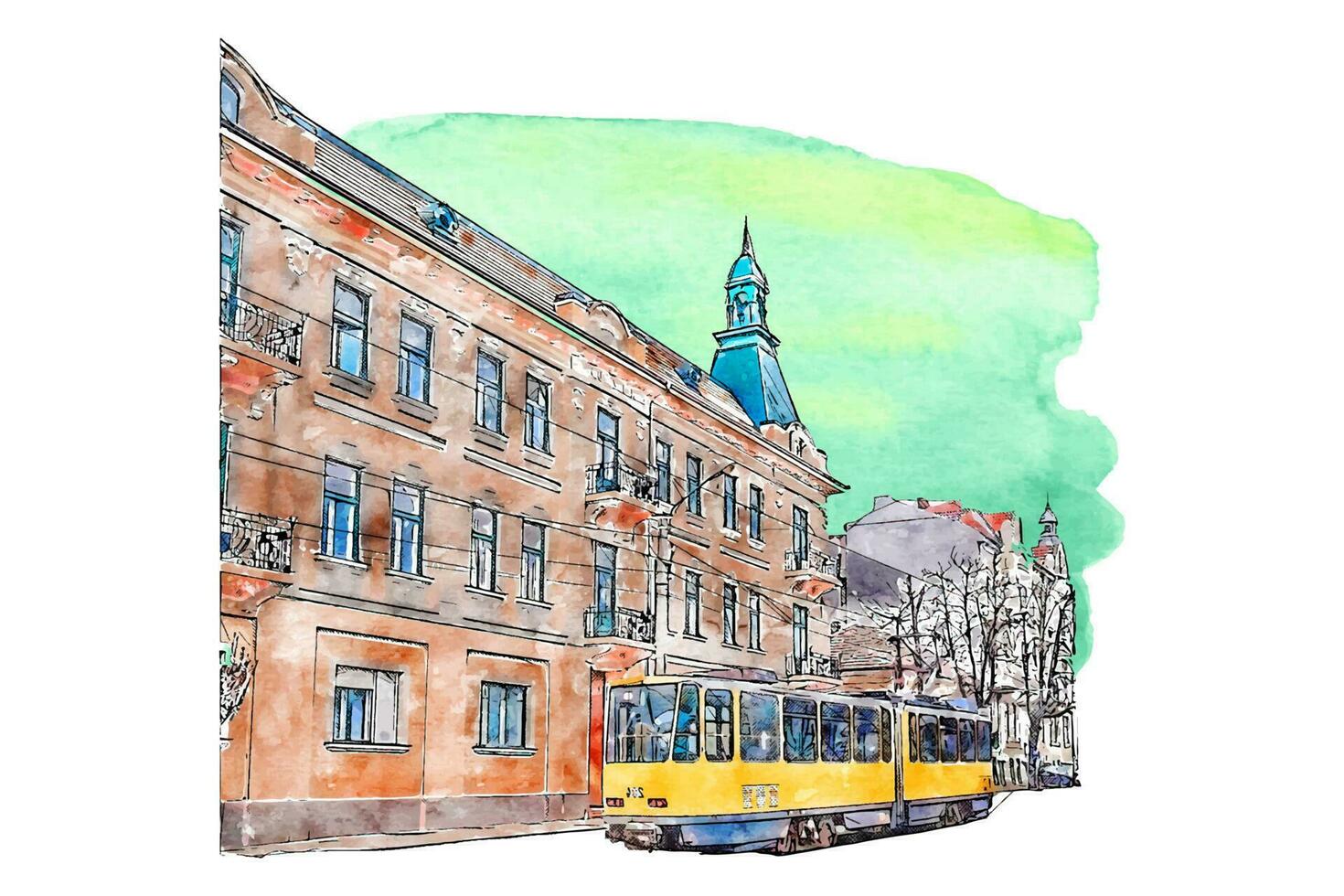 oradea rumänien vattenfärg hand dragen illustration isolerat på vit bakgrund vektor