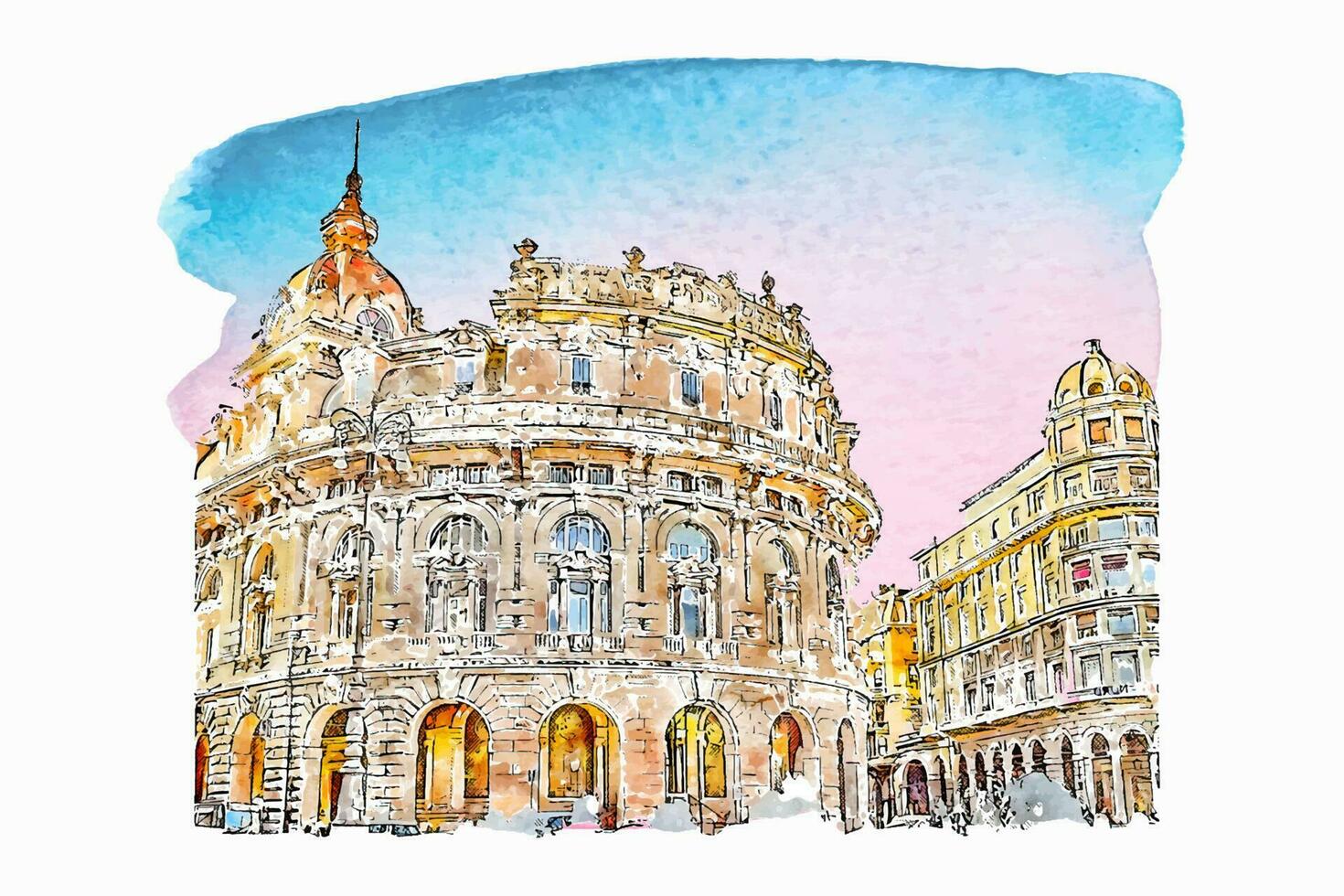 piazza de ferrari Italien vattenfärg hand dragen illustration isolerat på vit bakgrund vektor