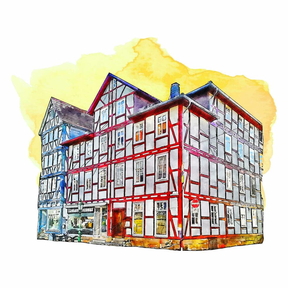 die Architektur Melsungen Deutschland Aquarell Hand gezeichnet Illustration isoliert auf Weiß Hintergrund vektor