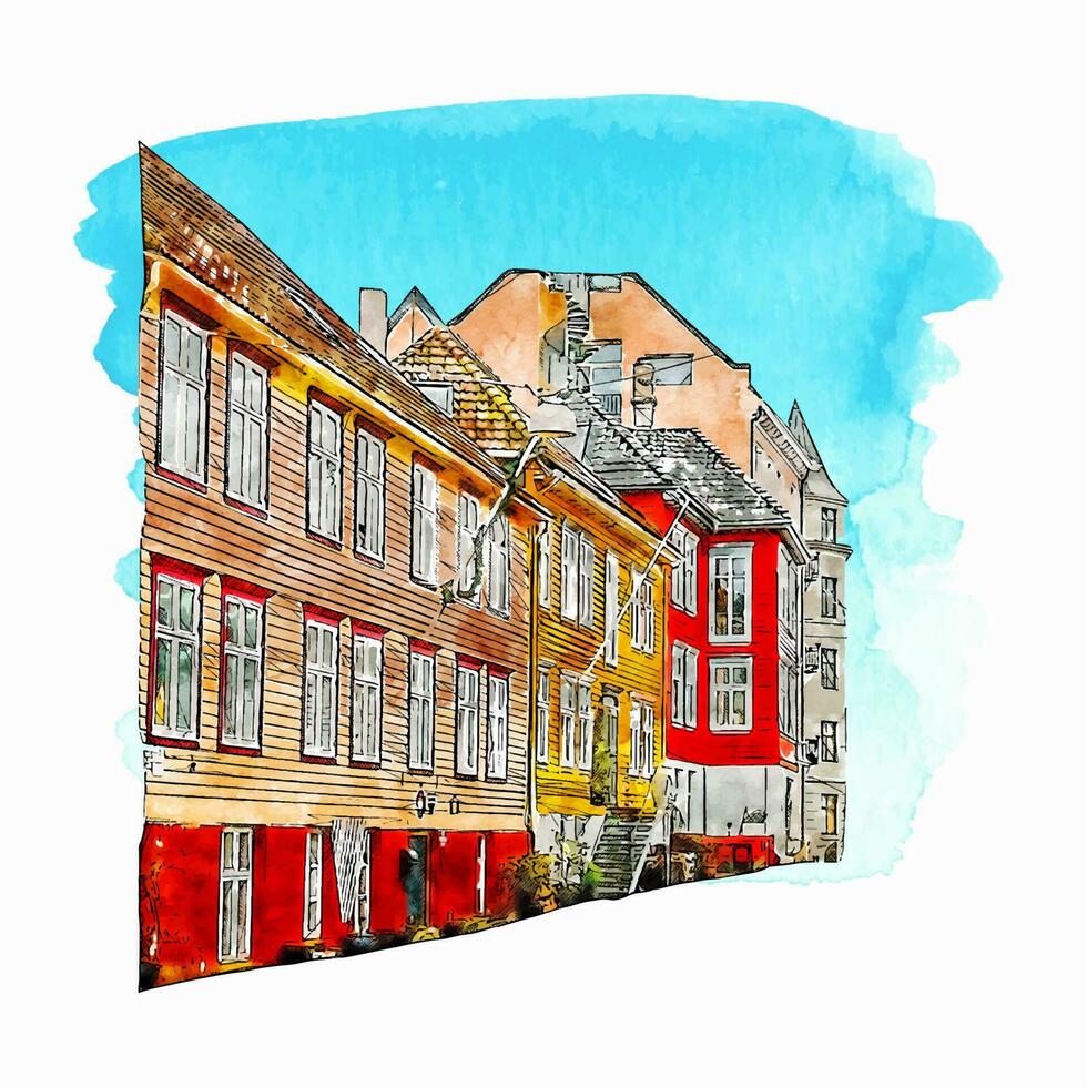 die Architektur hordaland Norwegen Aquarell Hand gezeichnet Illustration isoliert auf Weiß Hintergrund vektor