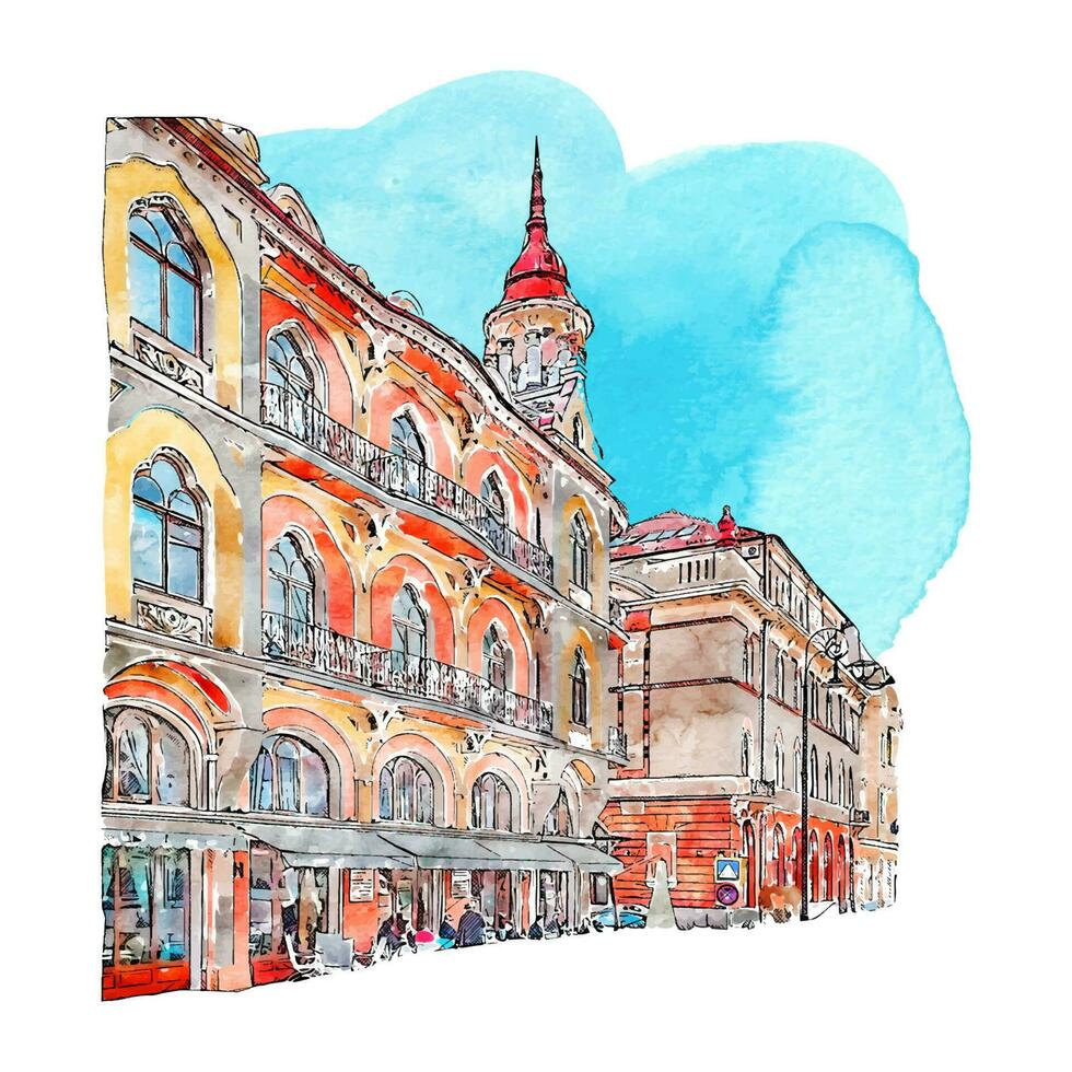 die Architektur oradea Rumänien Aquarell Hand gezeichnet Illustration isoliert auf Weiß Hintergrund vektor