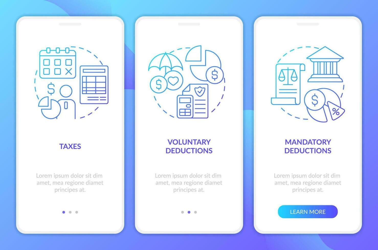 Lohn-und Gehaltsabrechnung Abzüge Typen Blau Gradient Onboarding Handy, Mobiltelefon App Bildschirm. zurückhalten Komplettlösung 3 Schritte Grafik Anleitung mit linear Konzepte. ui, ux, gui Vorlage vektor
