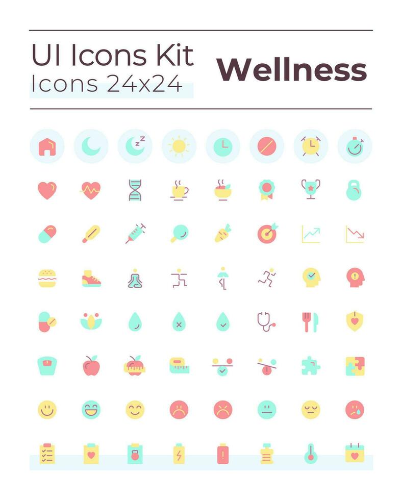 Gesundheit und Wellness eben Farbe ui Symbole Satz. Lebensstil. physisch und mental Wohlbefinden. gui, ux Design zum Handy, Mobiltelefon App. Vektor isoliert rgb Piktogramme