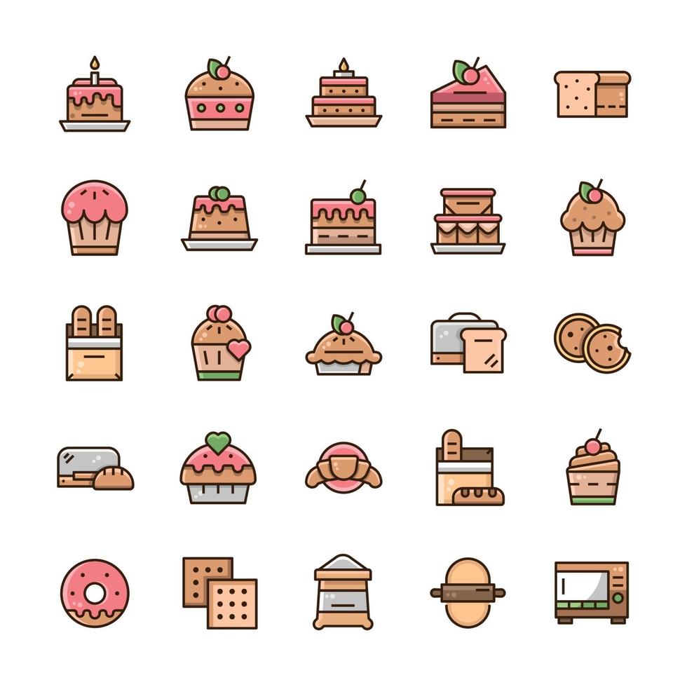 uppsättning bageri ikoner med kontur färg stil. vektor
