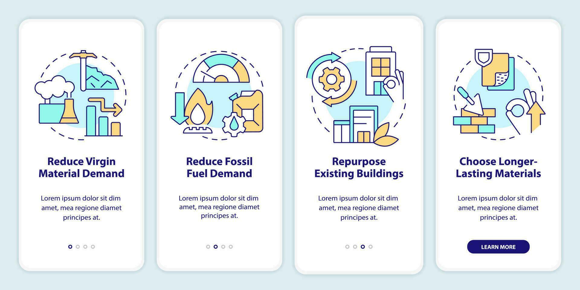 Netz Null Strategien Onboarding Handy, Mobiltelefon App Bildschirm. Dekarbonisierung Komplettlösung 4 Schritte editierbar Grafik Anleitung mit linear Konzepte. ui, ux, gui Vorlage vektor