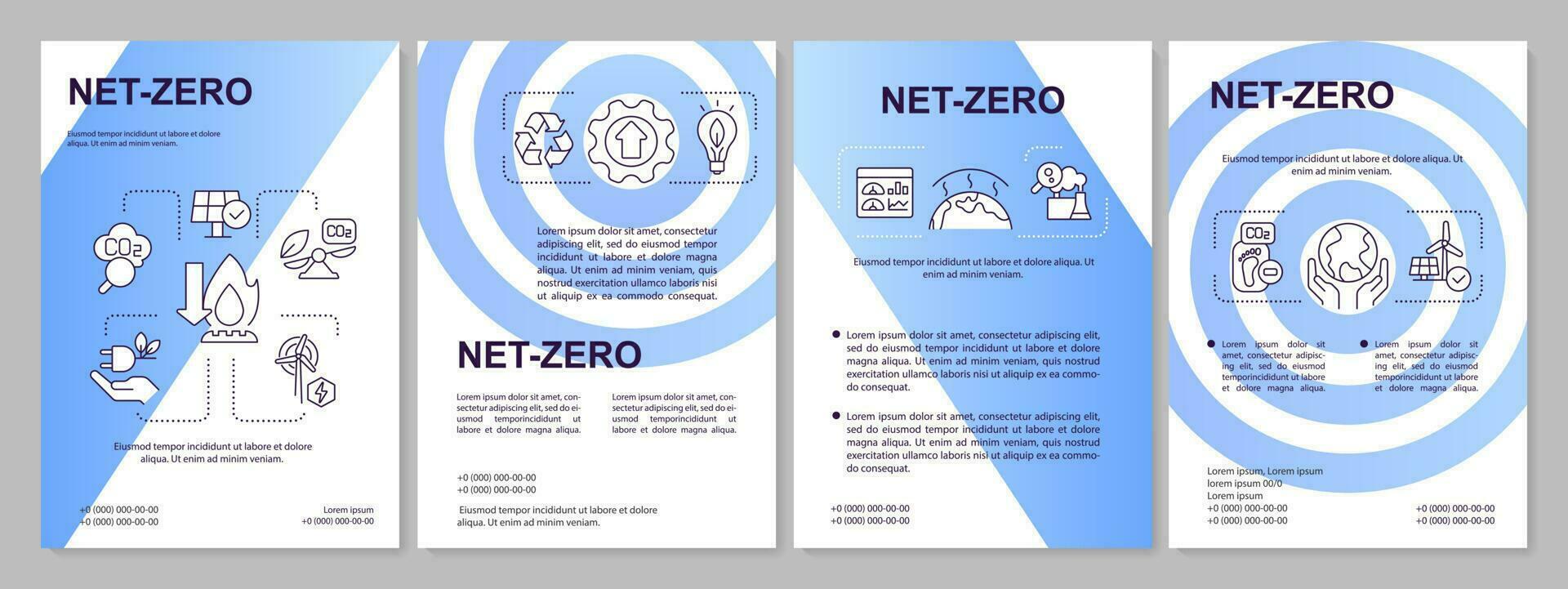 Netz Null System Blau Broschüre Vorlage. Kohlenstoff Entfernung Technologie. Flugblatt Design mit linear Symbole. editierbar 4 Vektor Layouts zum Präsentation, jährlich Berichte