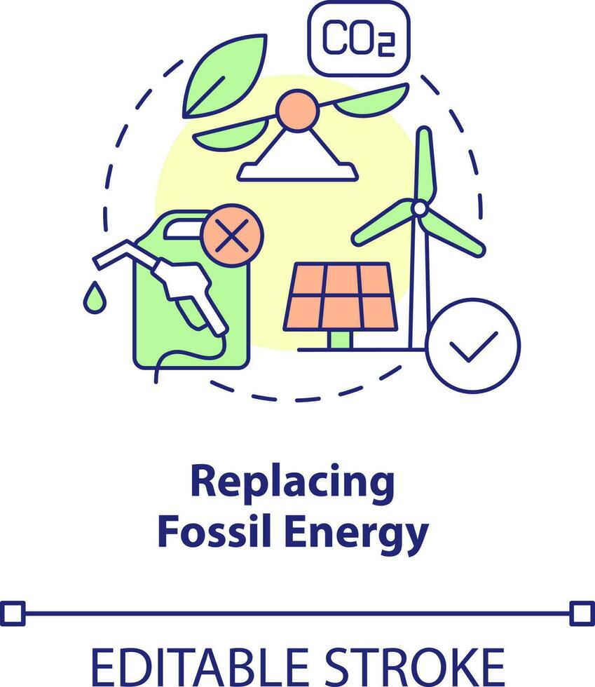 ersetzen Fossil Energie Konzept Symbol. reduzieren co2 Konzentration. Netz Null Strategie abstrakt Idee dünn Linie Illustration. isoliert Gliederung Zeichnung. editierbar Schlaganfall vektor