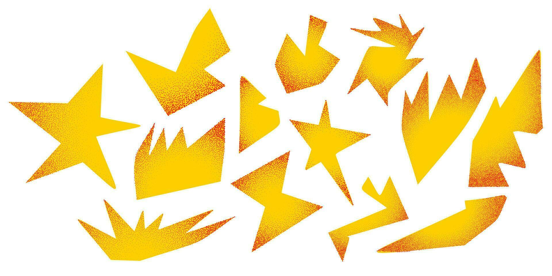 abstrakt stjärna former klistermärke packa. häftig skraj blomma, bubbla, stjärna, slinga, vågor i trendig retro 90s 00-talet tecknad serie stil. vektor illustration med stippel effekt
