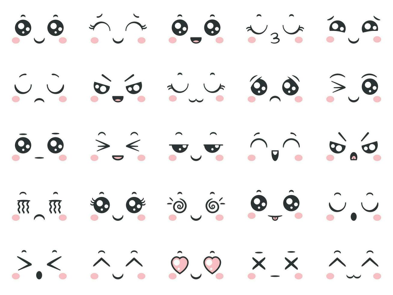 süß Gekritzel Emoticons mit Gesichts- Ausdrücke. japanisch Anime Stil Emotion Gesichter und kawaii Emoji Symbole Vektor einstellen