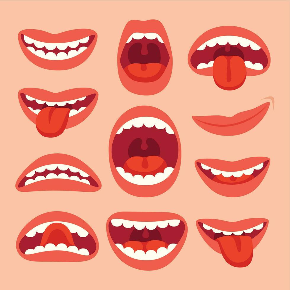 tecknad serie mun element samling. visa tunga, leende med tänder, uttrycksfull känslor, leende mun och fonem vektor uppsättning