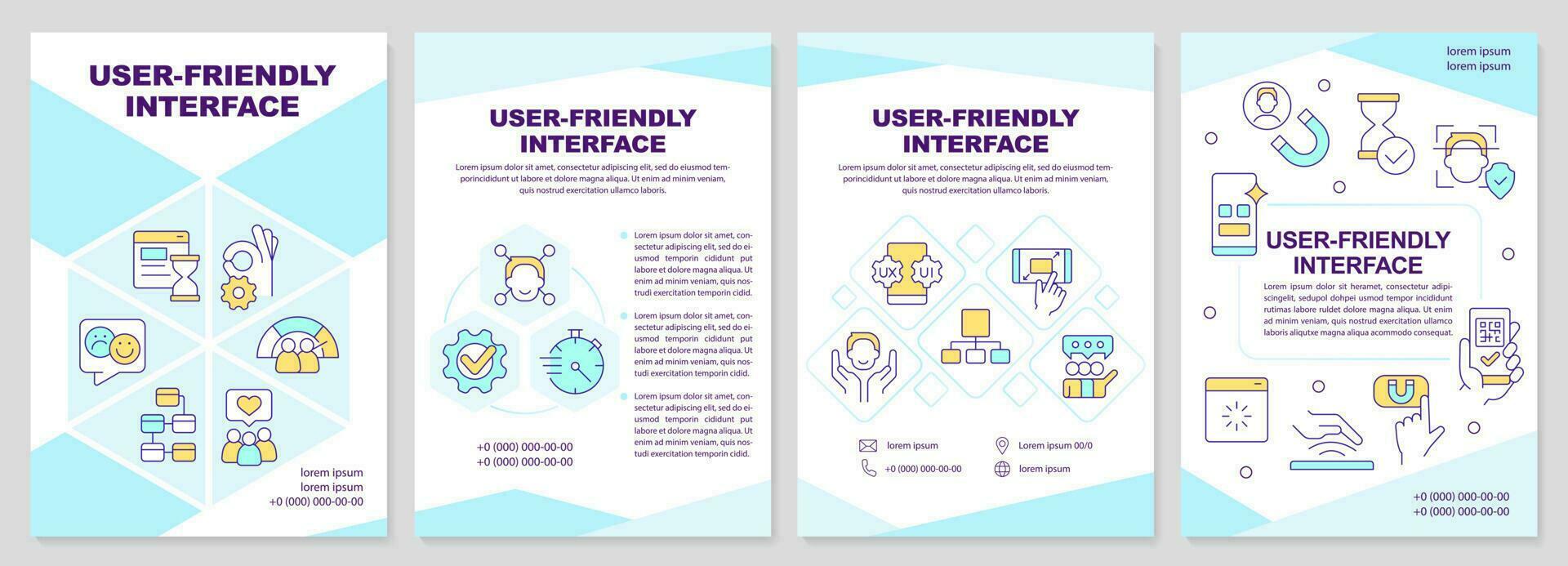 Benutzer freundlich Schnittstelle Broschüre Vorlage. Webseite Entwicklung. Flugblatt Design mit linear Symbole. editierbar 4 Vektor Layouts zum Präsentation, jährlich Berichte