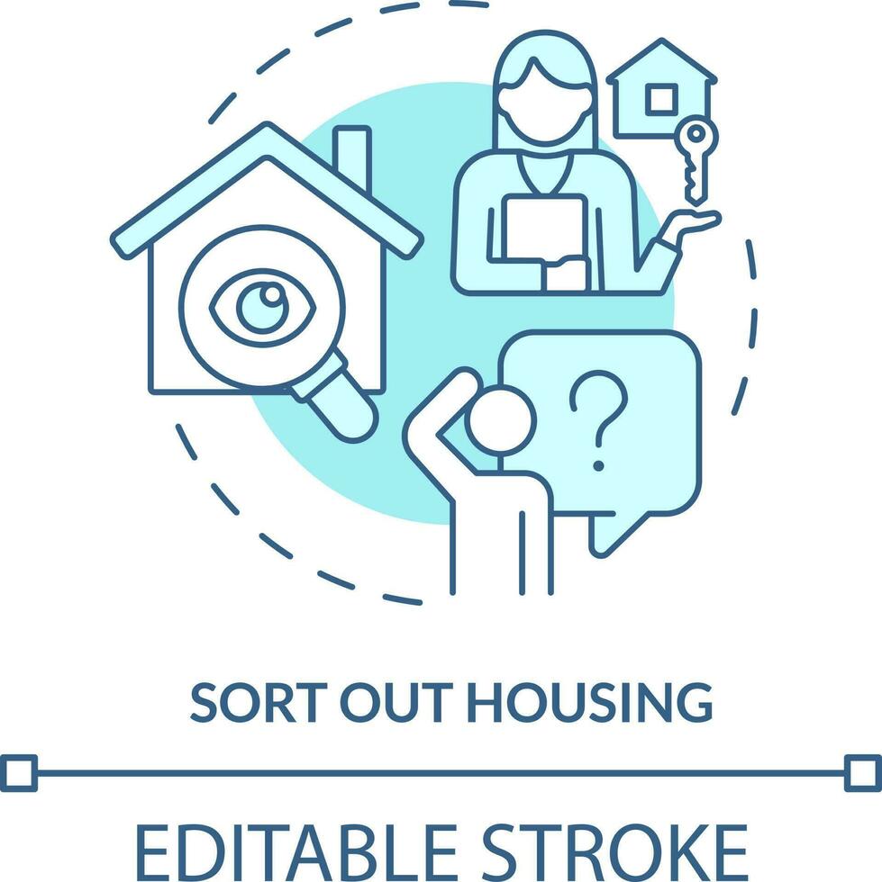 sortera ut hus turkos begrepp ikon. upptäckt Hem. hyra lägenhet abstrakt aning tunn linje illustration. isolerat översikt teckning. redigerbar stroke vektor