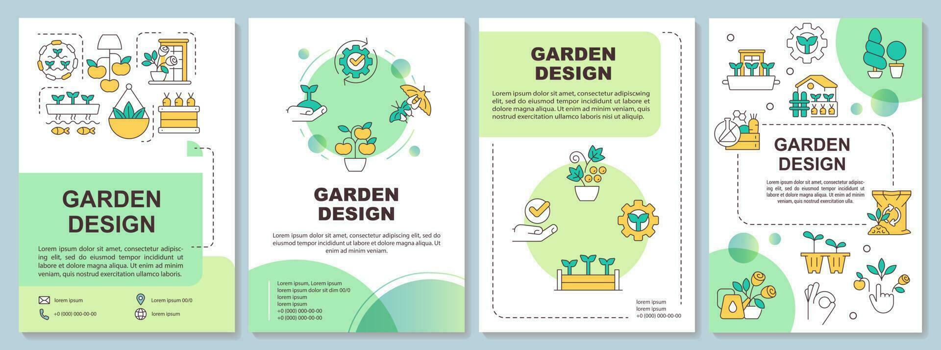 Garten Design und Landschaftsbau Grün Broschüre Vorlage. Flugblatt Design mit linear Symbole. editierbar 4 Vektor Layouts zum Präsentation, jährlich Berichte