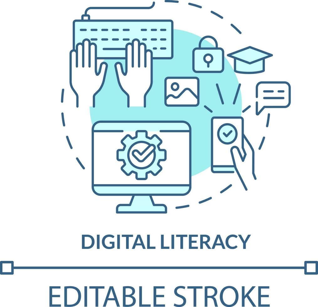 Digital Alphabetisierung Türkis Konzept Symbol. Leben Fertigkeit abstrakt Idee dünn Linie Illustration. lehrreich Technologie. isoliert Gliederung Zeichnung. editierbar Schlaganfall vektor