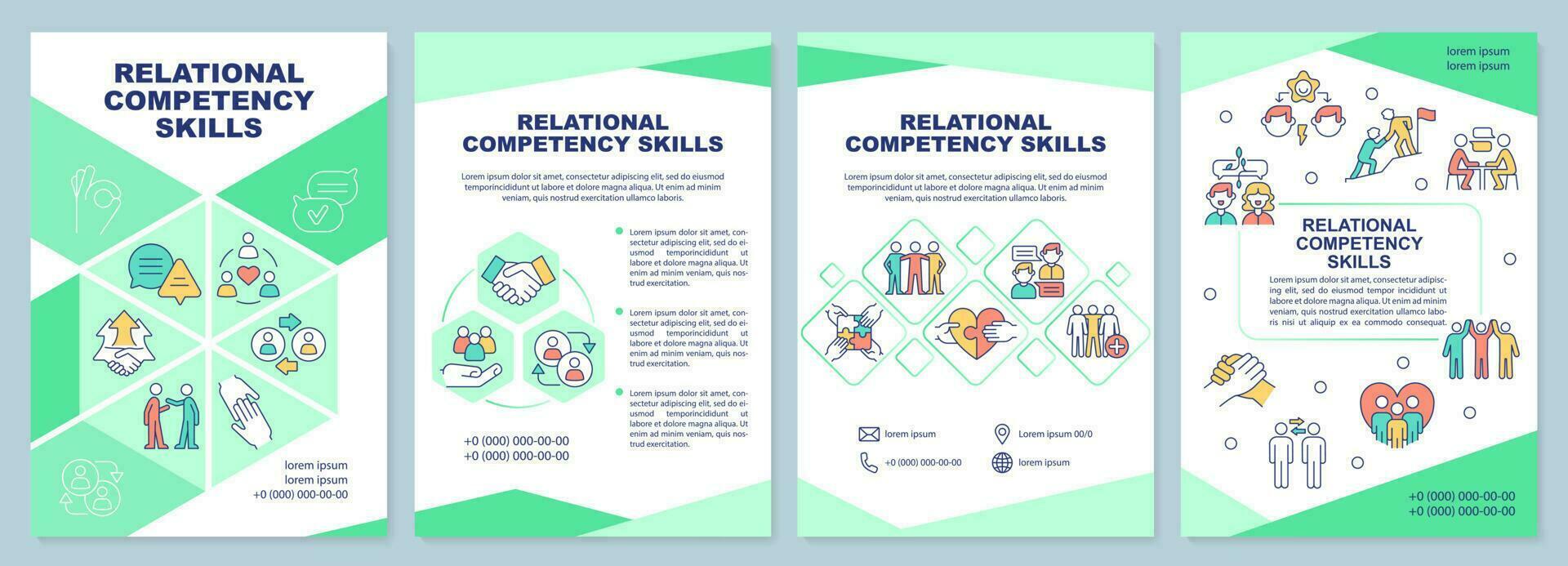 relational Kompetenz Kompetenzen Grün Broschüre Vorlage. Flugblatt Design mit linear Symbole. editierbar 4 Vektor Layouts zum Präsentation, jährlich Berichte