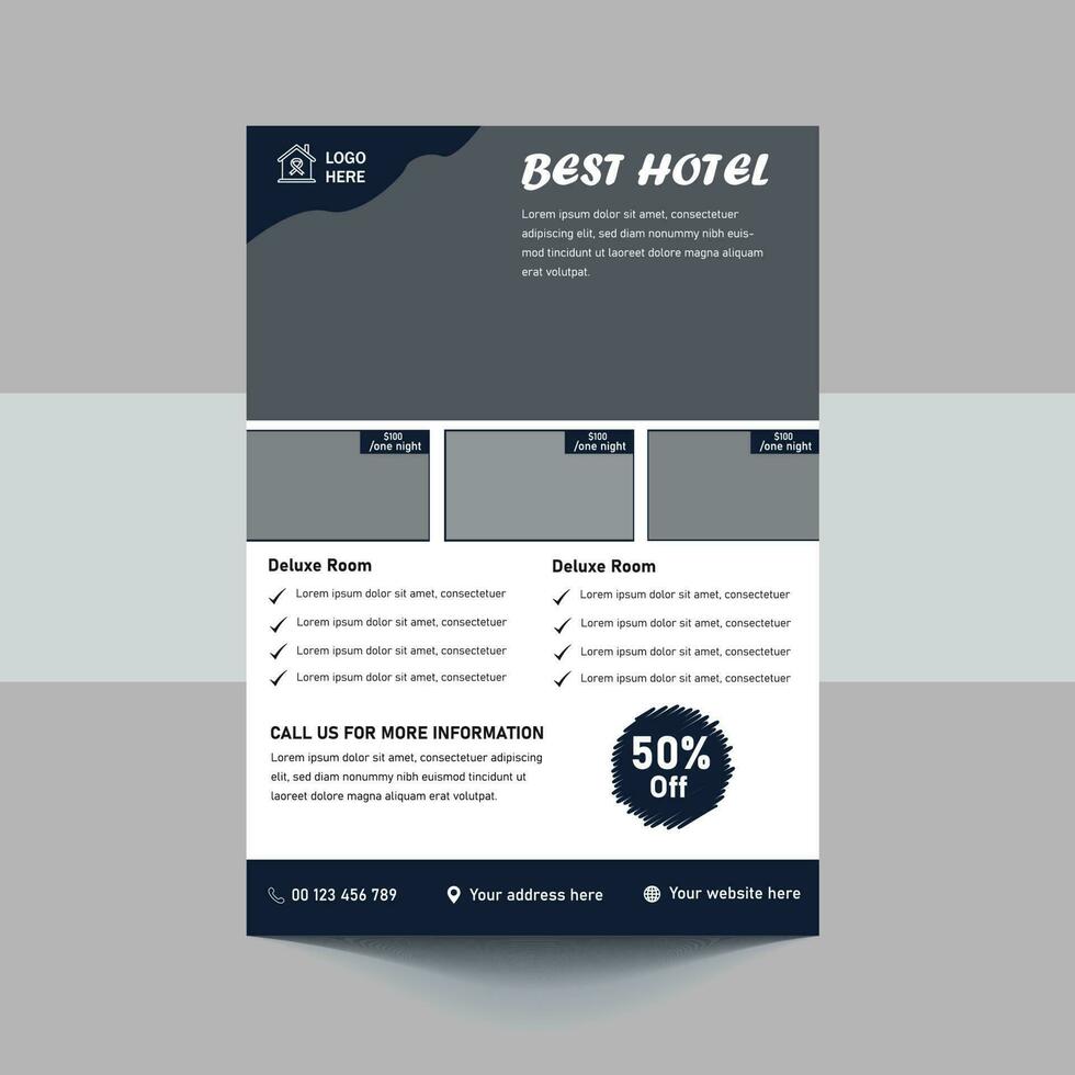 bestes Hotelservice-Flyer-Vorlagendesign. Goldenes Hotel-Flyer-Plakat-Design. Cover, Poster, A4-Format, Broschüre, Flyer, druckfertig vektor