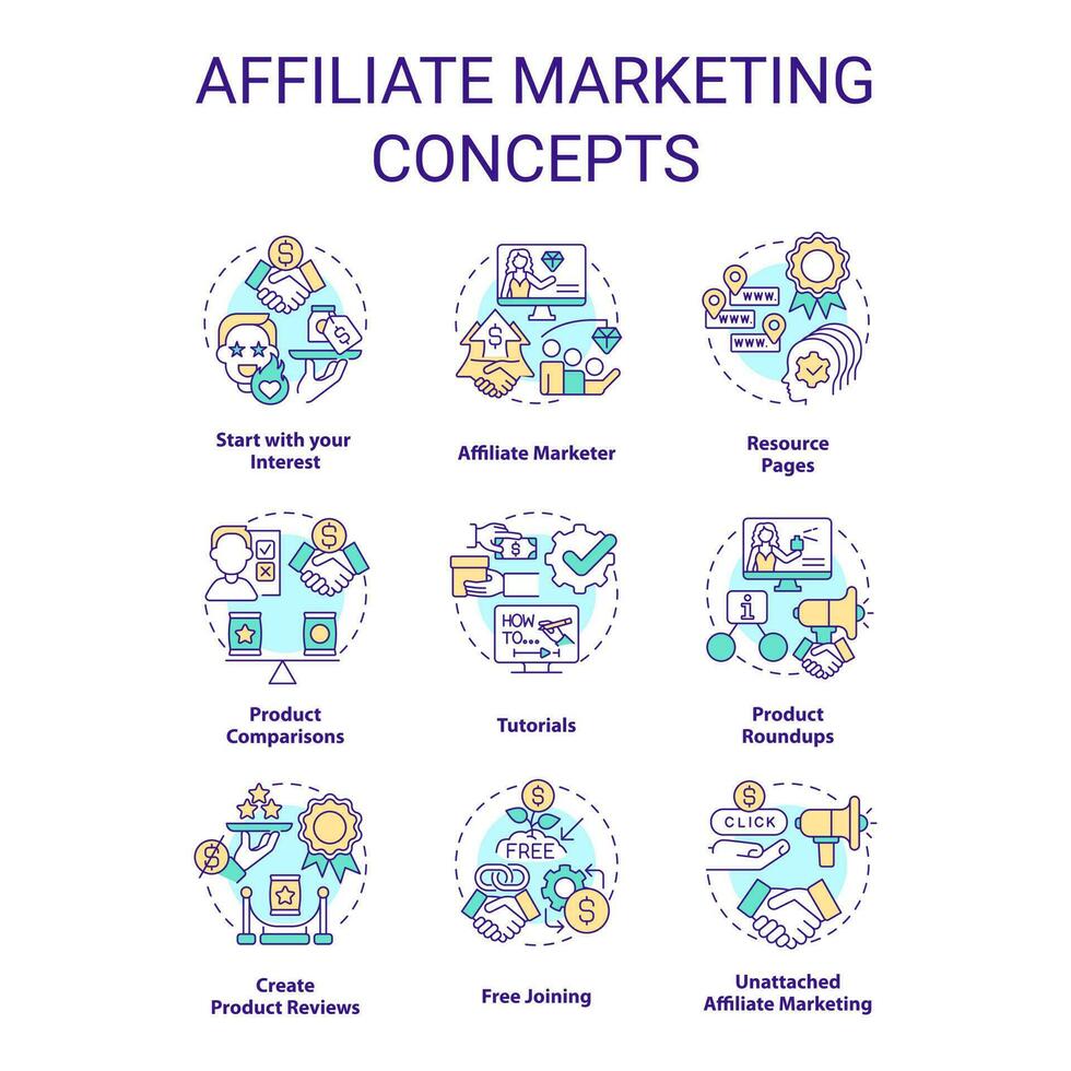 Affiliate Marketing Konzept Symbole Satz. Geschäft Partnerschaft mit Influencer Idee dünn Linie Farbe Illustrationen. isoliert Symbole. editierbar Schlaganfall vektor