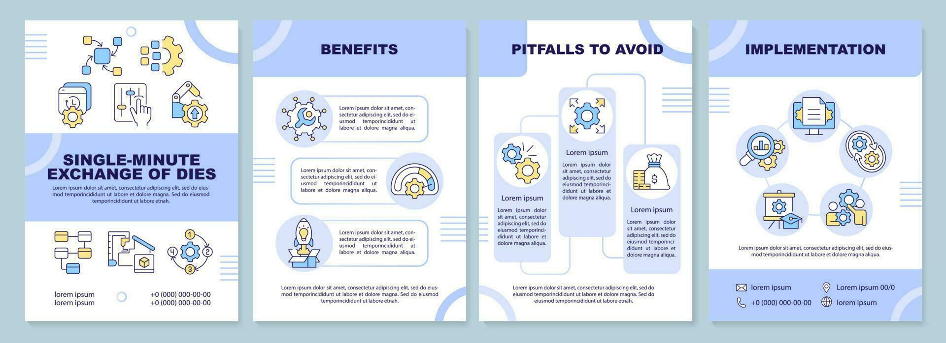 Single Minute Austausch von stirbt Blau Broschüre Vorlage. Flugblatt Design mit linear Symbole. editierbar 4 Vektor Layouts zum Präsentation, jährlich Berichte