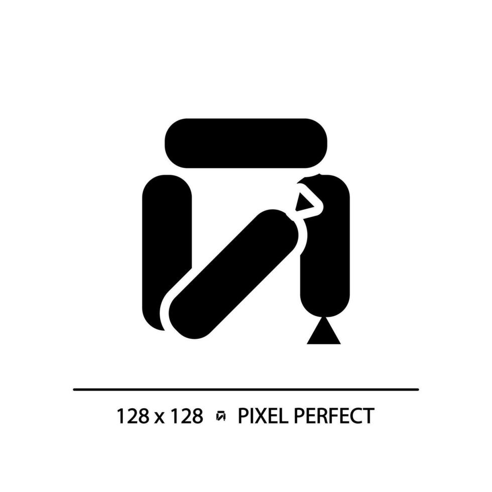 Würstchen Pixel perfekt schwarz Glyphe Symbol. Fleisch Produkt. schnell Lebensmittel. Schweinefleisch Bratwurst. heiß Hund. Grill Speisekarte. Mahlzeit Vorbereitung. Silhouette Symbol auf Weiß Raum. solide Piktogramm. Vektor isoliert Illustration