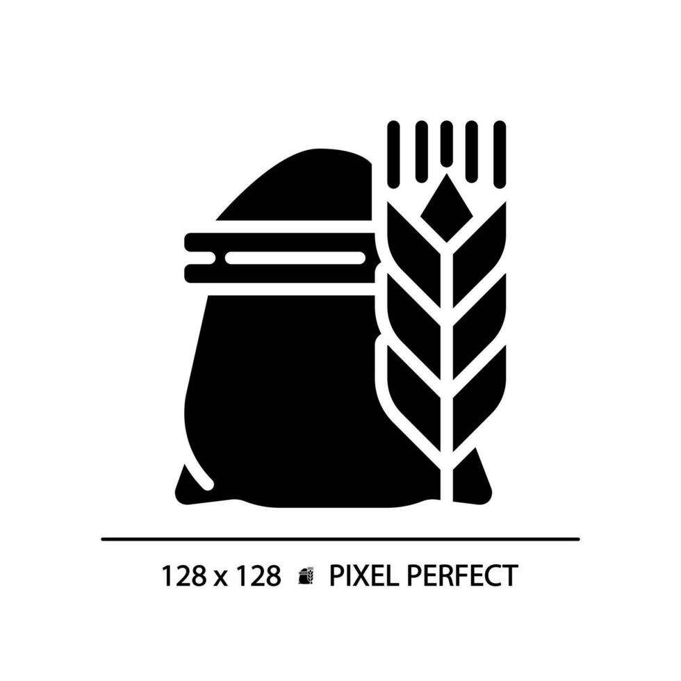 Mehl Pixel perfekt schwarz Glyphe Symbol. Tasche von Weizen. Kochen Brot. Backen Zutat. roh landwirtschaftlich Produkt. Silhouette Symbol auf Weiß Raum. solide Piktogramm. Vektor isoliert Illustration