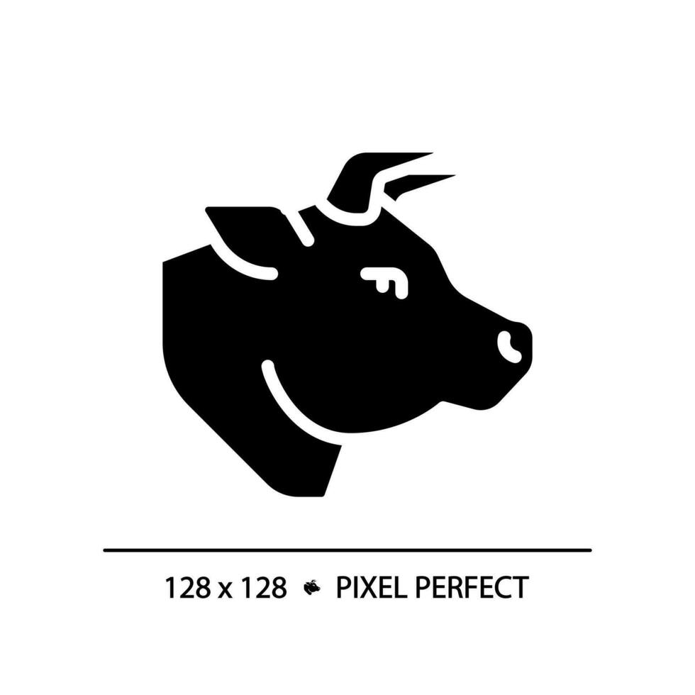 Rindfleisch Pixel perfekt schwarz Glyphe Symbol. das Vieh Viehzucht. Fleisch Abschnitt. Kuh Kopf. Steak Haus. Feinkost Produkt. Silhouette Symbol auf Weiß Raum. solide Piktogramm. Vektor isoliert Illustration