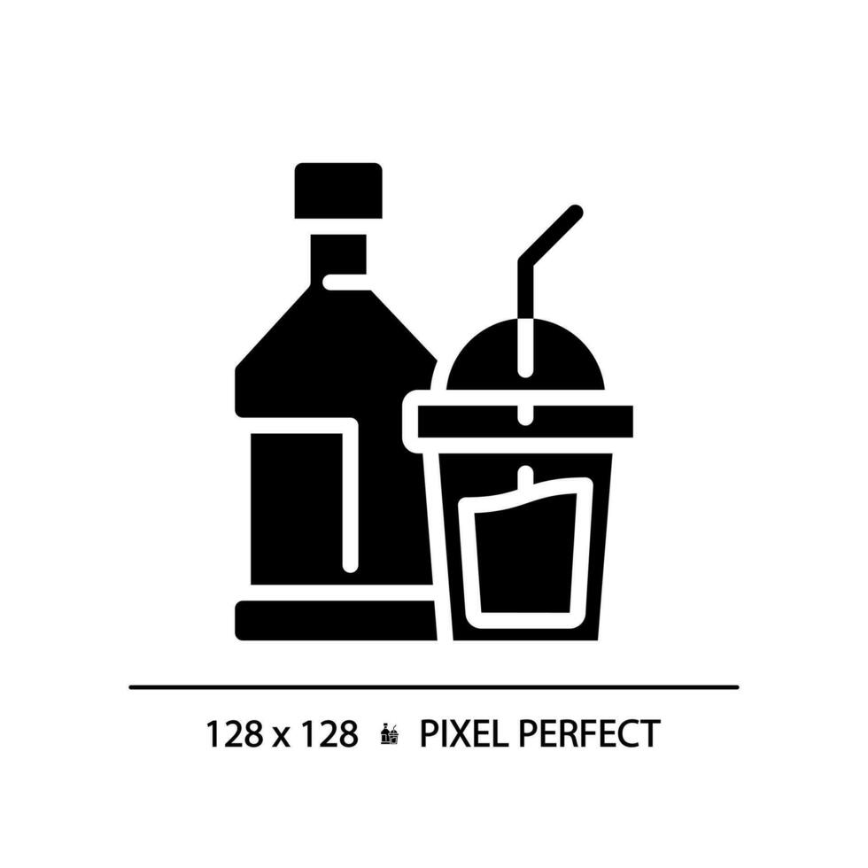 dryck pixel perfekt svart glyf ikon. mjuk dryck. glas flaska. cocktail fest. restaurang meny. produkt kategori. silhuett symbol på vit Plats. fast piktogram. vektor isolerat illustration