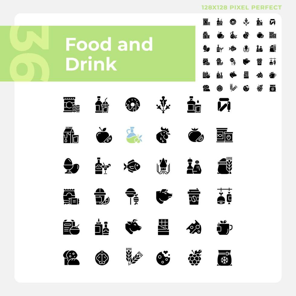 mat och dryck pixel perfekt svart glyf ikoner uppsättning på vit Plats. matvaror Lagra. mataffär produkt kategorier. handla lista. silhuett symboler. fast piktogram packa. vektor isolerat illustration