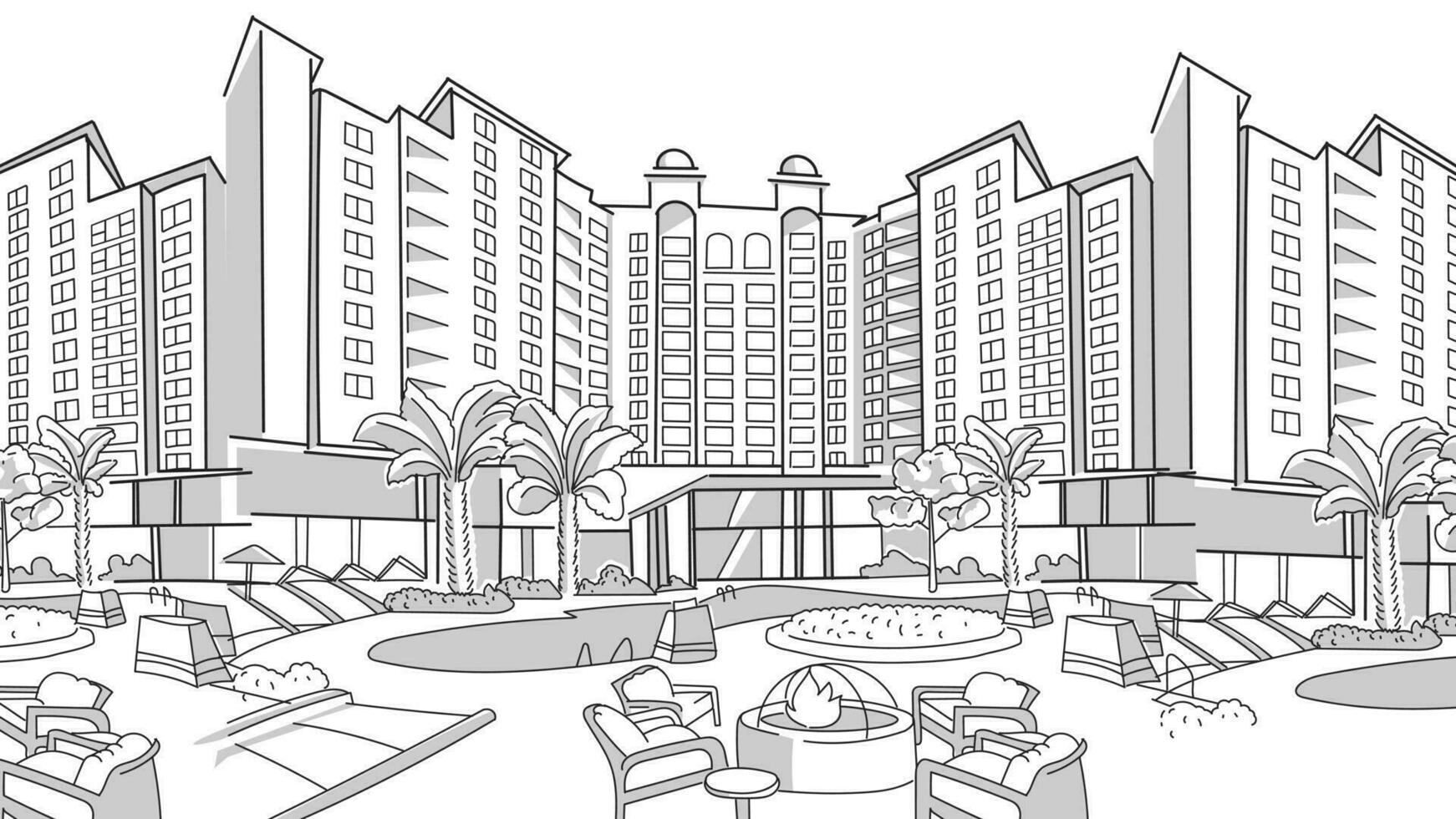 draussen Strand Wohn Hotel, Resort mit Palme Bäume, Tisch, Stuhl, Schwimmbad, minimal realistisch Stil Vektor Illustration