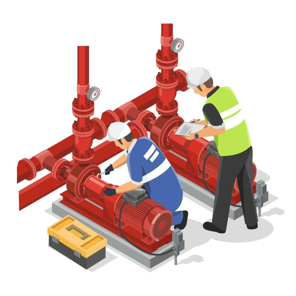 tekniker arbetssätt med industriell nödsituation röd brand vatten pumps underhåll service begrepp isometrisk isolerat tecknad serie vektor