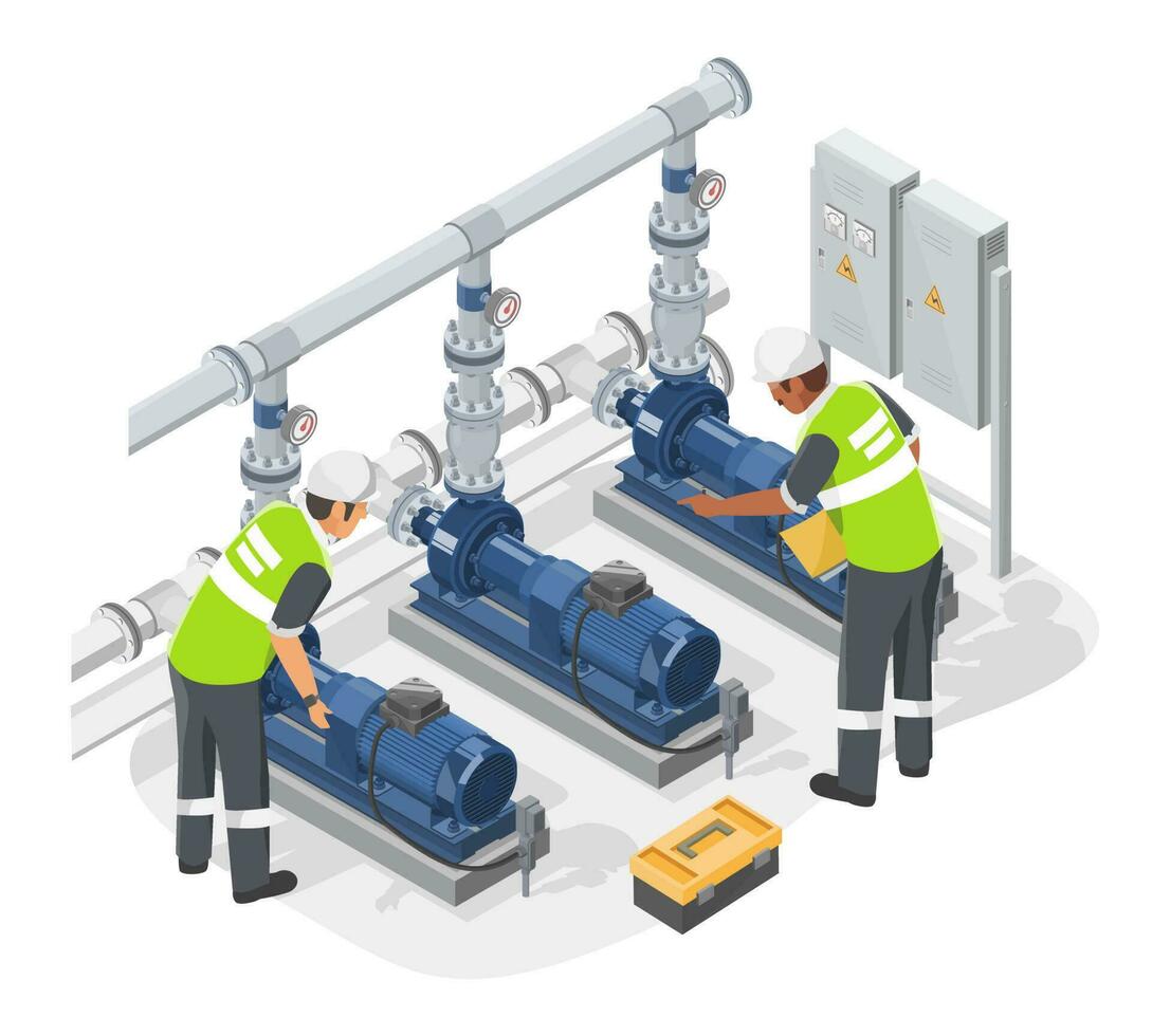 industriell vatten pumps systemet rum tekniker och ingenjör inspektion och underhåll service fabrik arbetssätt begrepp isometrisk isolerat tecknad serie vektor