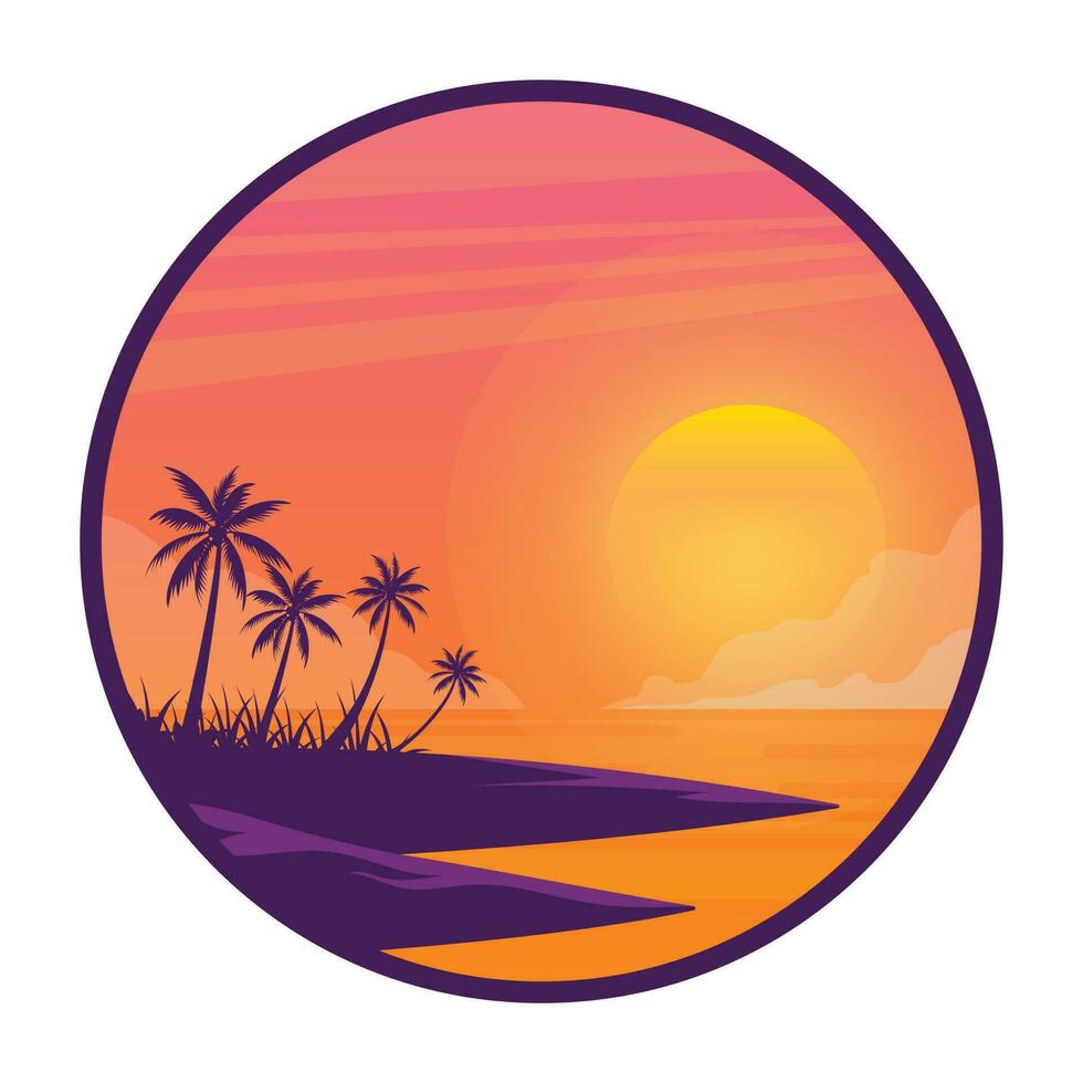tropisk handflatan träd solnedgång, sommar strand logotyp design för t-shirt vektor