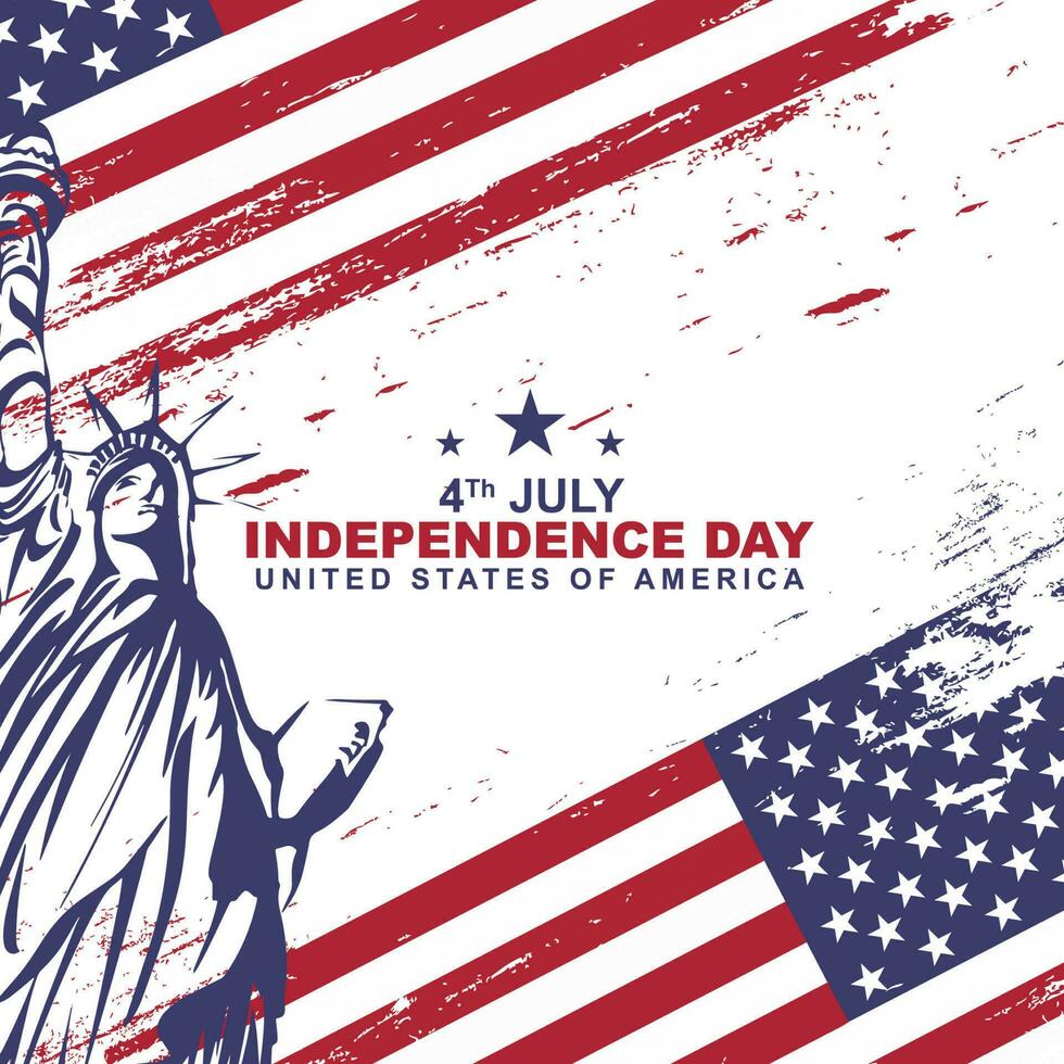 Lycklig amerikan oberoende dag på 4:e av juli hälsning design illustration med staty av frihet och flagga grov borsta stroke textur vektor