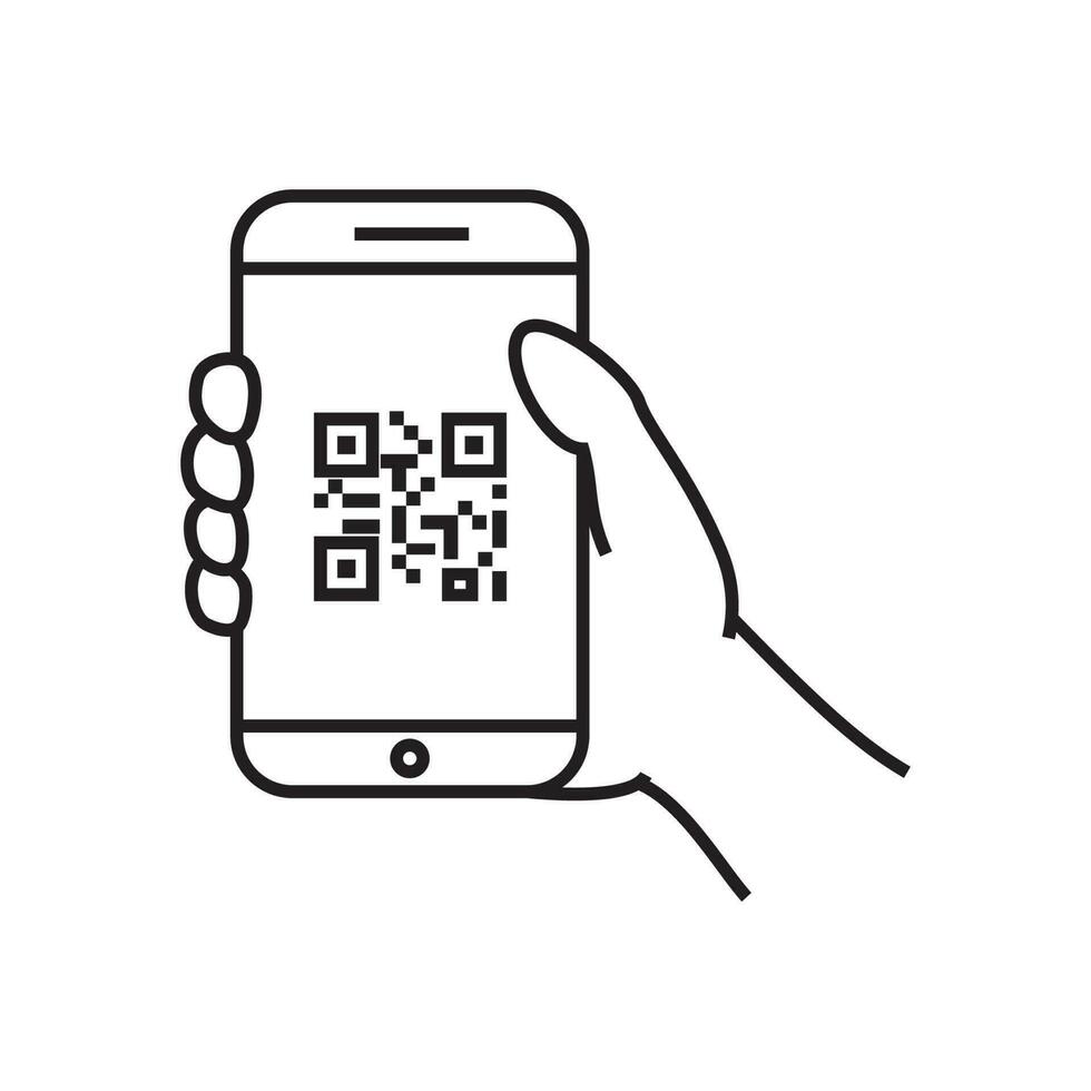 qr koda läser in ikon i smartphone. hand innehav mobil telefon i linje stil, streckkod scanner för betala, webb, mobil app, kampanj. vektor