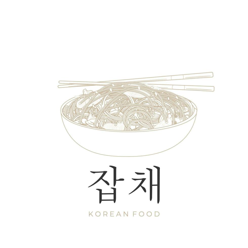 japchae koreanska spaghetti enkel linje konst tecknad serie illustration logotyp vektor