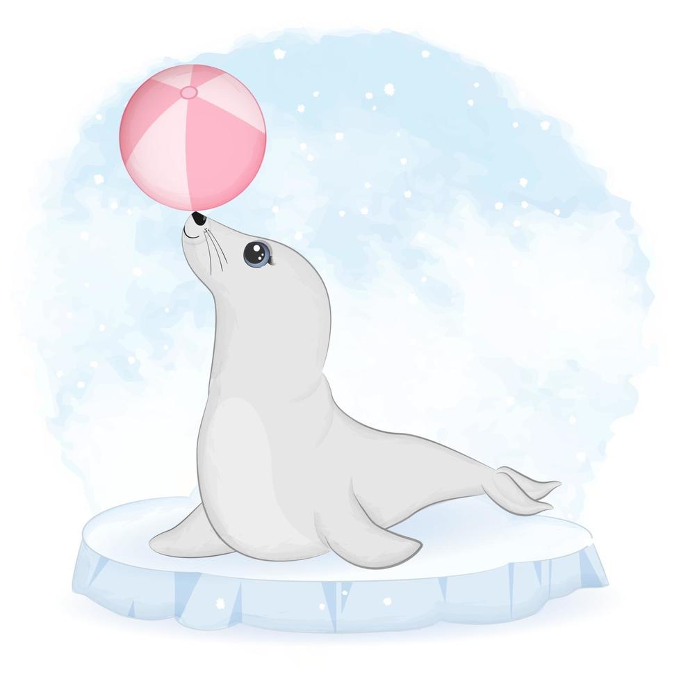söt baby säl och boll på isflak tecknad djur akvarell illustration vektor