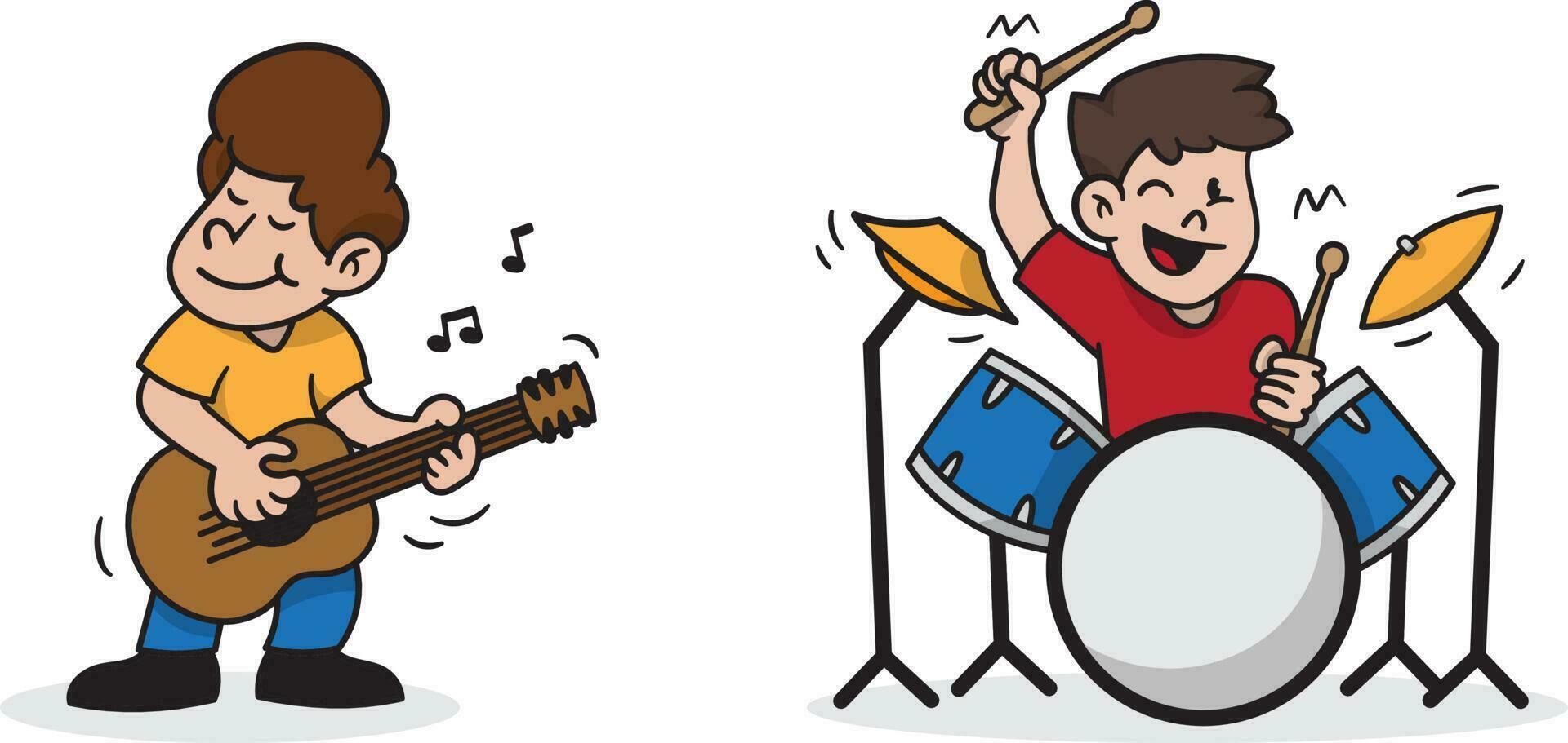uppsättning av man karaktär spelar musik med gitarr och trummor instrument tecknad serie stil illustration. vektor